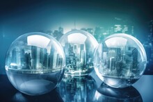Illustration Of Three Glass Balls With A Cityscape Background