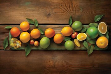 Wall Mural - Illustration of citrus fruits on a rustic wooden background