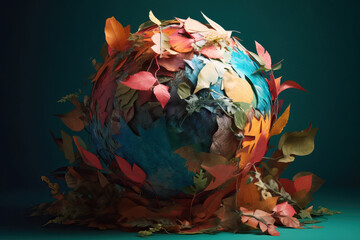 Earth globe with leaves around it in 3d and papercut style.