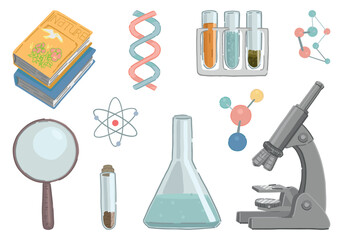 Biology chemistry lesson school attributes collection. Set of microscope, laboratory beakers, textbook, magnifying glass, formulas. Cartoon vector illustrations clip arts isolated on white.