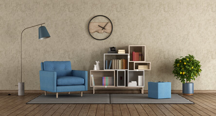 Canvas Print - Blue armchair in modern lounge with little bookcase - 3d rendering