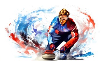 Poster - drawing sportsman curling isolated on white background. Generated by AI.