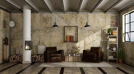 Wall Mural - Wood stove in grunge a living room with two leather armchair - 3d rendering