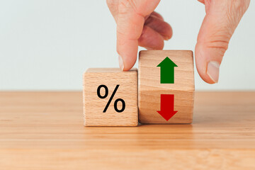 business concept. Economic and financial analysis, interest rates, stocks, bonds, ranking, mortgage, loan rates, Percent, up or down, arrow symbol