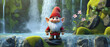 small cute gnome standing in front of a waterfall, generative ai illustration