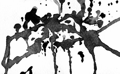 Wall Mural - Grey watercolor background, black drops on white paper.