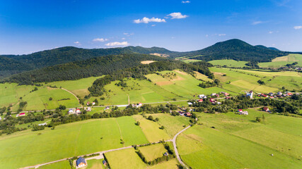 Poster - Road, forest, village and field summer landscape from above - drone view