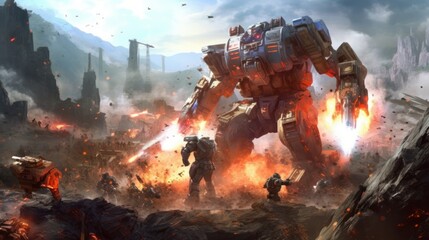Wall Mural - Epic clash between colossal mechs in a war - torn landscape, with explosions and laser beams lighting up the scene