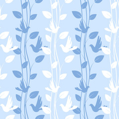 Poster - Seamless light blue pattern with birds and floral elements