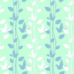 Poster - Seamless light green pattern with birds and floral elements