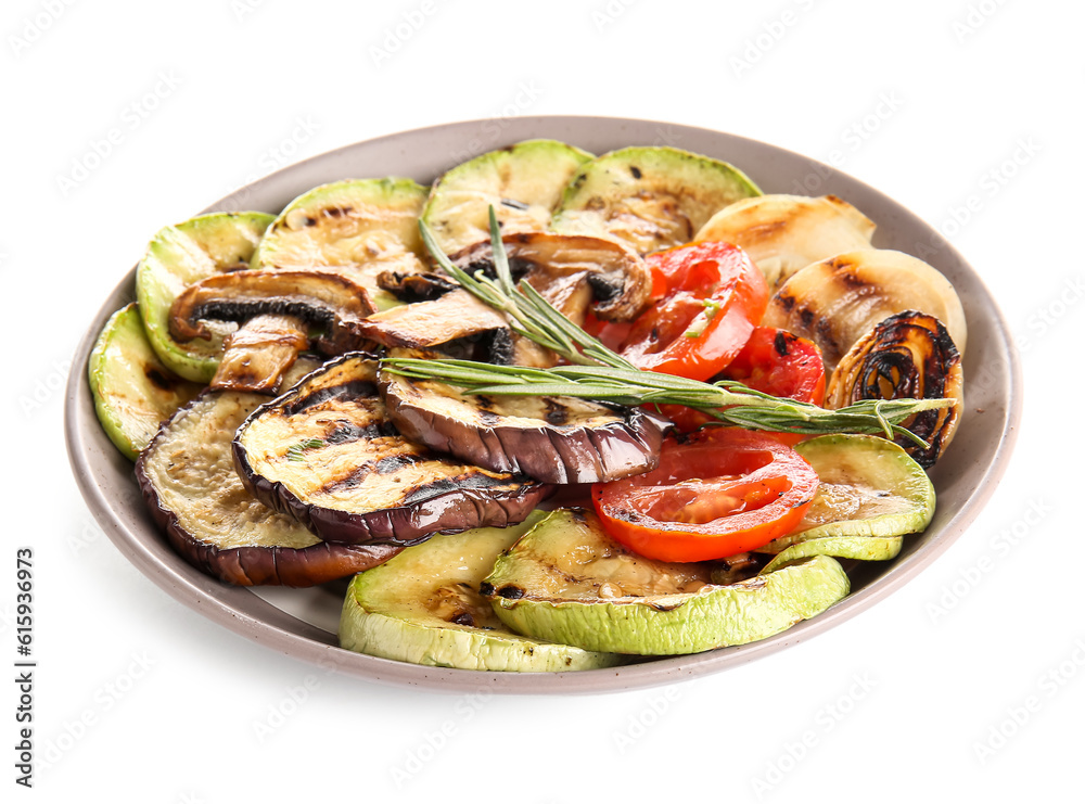 Plate with different tasty grilled vegetables on white background