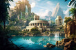 Fantasy city landscape, classical, waterfalls, Atlantis, coastal water island civilization.
