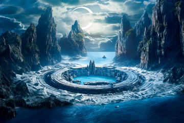 science fiction landscape, stone rings, round water pool, sea, dark, crescent moon.