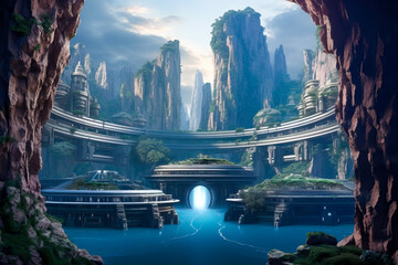 science fiction landscape, building in the water, round, rocky, dark.