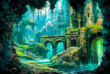 Fototapeta  - Fantasy stone ruins landscape, water, wet, overgrown, old.