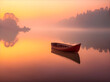 Un bote solitario en un lago al amanecer. Vista de frente. Copy space. IA Generativa