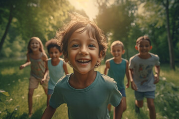 Wall Mural - Joy and excitement of childhood as group of children play hopscotch in park. Smile to anyones face and remind them of simple joys of childhood. Generative AI Technology.