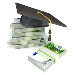 Poster - Education concept. Graduation cap on stack of euro bills. 3D rendering illustration isolated on white background.