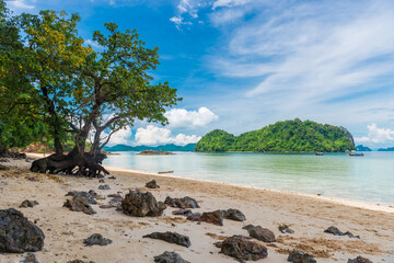 Sticker - sandy shore with large stones on the sand and beautiful sea view, tropics, Thailand