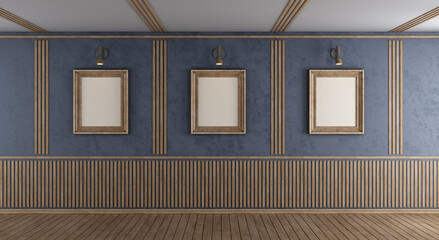 Wall Mural - Empty purple room with blank frame and decorative wooden panel - 3d rendering