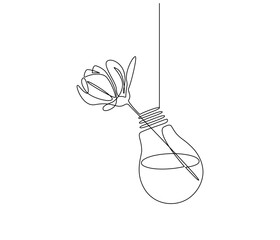 Wall Mural - One continuous line drawing of hanging flower decor. Romantic elegance concept with floral composition in light bulb glass vases invitation in simple linear style. Editable stroke. Doodle vector