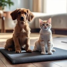 Animals. Sports Concept. A Red-haired Domestic Dog And A White Tabby Cat Are Sitting On A Yoga Mat In A Home Interior And Looking At The Camera. Pets Go In For Sports. AI Generated