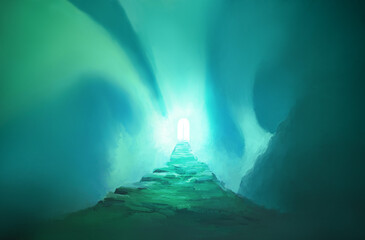 Wall Mural - Fantasy Landscape with Northern Lights and Scandianavian Valhalla Gates.