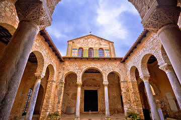 Euphrasian Basilica in Porec arcades and tower view, UNESCO world heritage site in Istria, Croatia