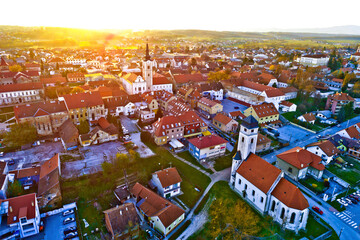 Wall Mural - Colorful sunset above medieval town of Krizevci aerial view, Prigorje region of Croatia