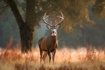 a deer standing in the middle of a field with tall brown grass and trees in the background is blurry