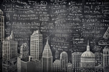 An close - up shot of a chalkboard, where mathematical formulas evolve into a detailed cityscape drawing. Generative AI