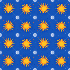 Poster - Seamless blue pattern with sun and moon