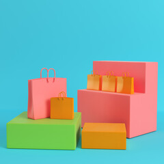 Wall Mural - Shopping bags on colorfull boxes on bright blue background in pastel colors. Minimalism concept. 3d rendering