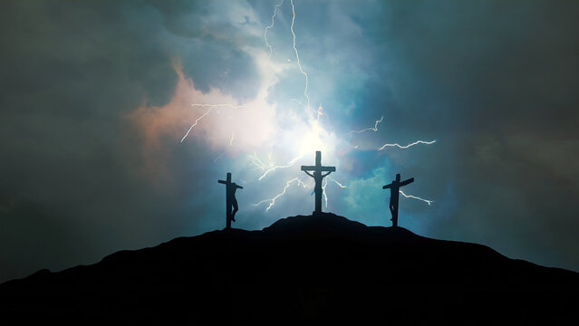 three crosses on the calvary in a stormy night