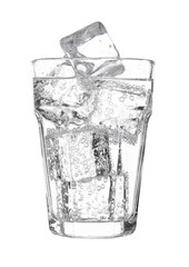 Wall Mural - Glass of sparkling water soda drink lemonade with ice on white background