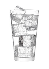 Wall Mural - Glass of sparkling water soda drink lemonade with ice on white background