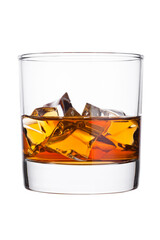 Canvas Print - Elegant glass of whiskey with ice cubes isolated on white background