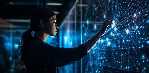 Woman controls hologram technology, handling virtual 3D connection with her hand in dark digital room. generative AI.