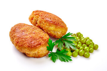 Wall Mural - Two fried breaded cutlet with lettuce and parsley isolated on white background