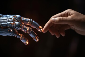 Wall Mural - a human hand is reaching out to touch a robotic one. generative ai