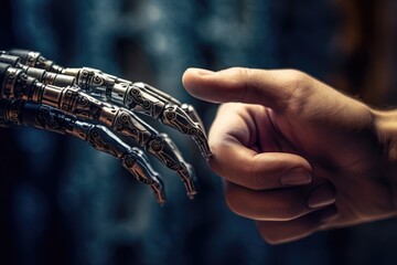 Wall Mural - a human hand is reaching out to touch a robotic one. generative ai