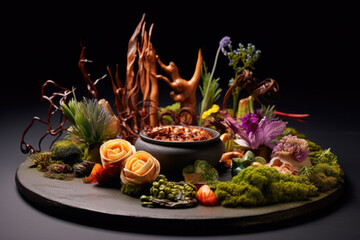 fine dining of vegetables and meat grilled, art of food created with Generative AI technology