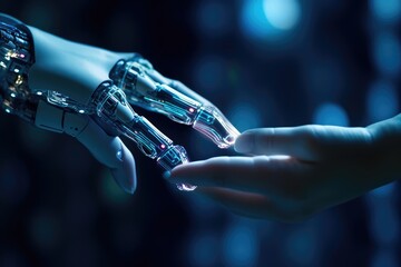 Wall Mural - a human hand is reaching out to touch a robotic one. generative ai