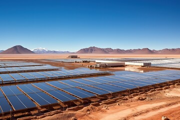 Solar panels working on industrial structures in large lithium reservoir