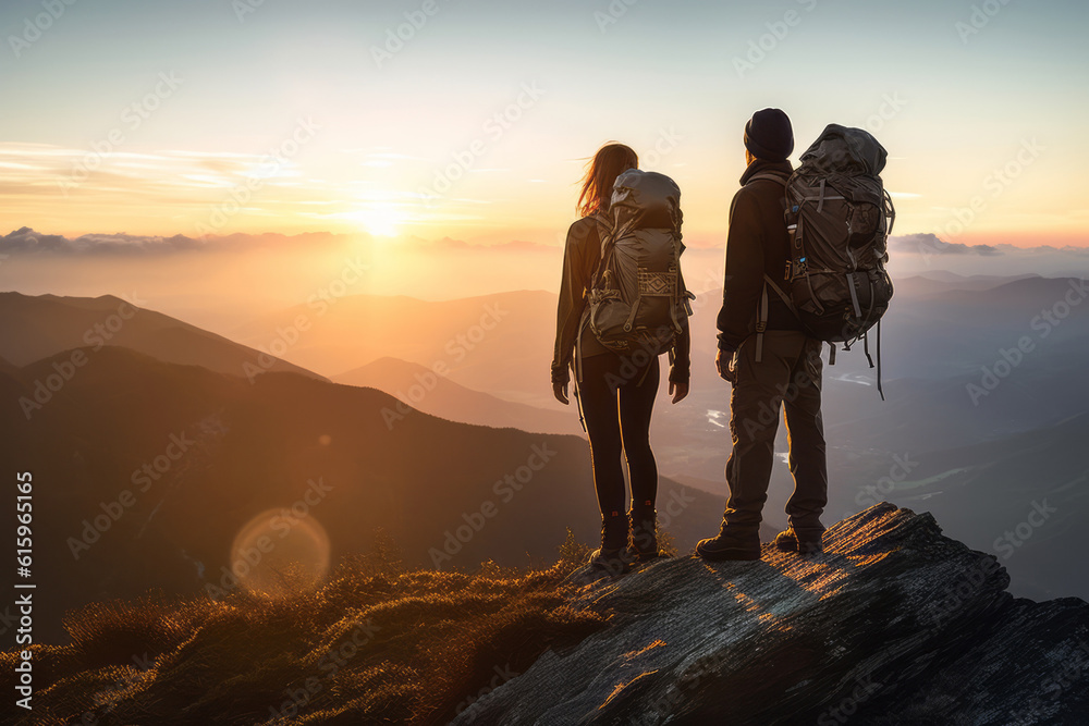 Couple of man and woman on top of mountains at sunset, hiking together ...