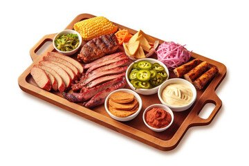 Wall Mural - Barbecue set on wooden tray isolated on white