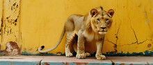 A Lion Standing In Front Of A Yellow Wall With Peeling Paint On It's Walls And The Door Is Open
