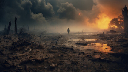 man walking through war-torn battlefield filled with building debris landscape