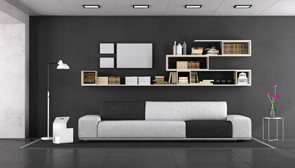 Wall Mural - Black and white modern living with fabric sofa and bookcase on wall - 3d rendering