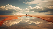 Salt Flat Mirage Reflection Of Man And Sky Landscape